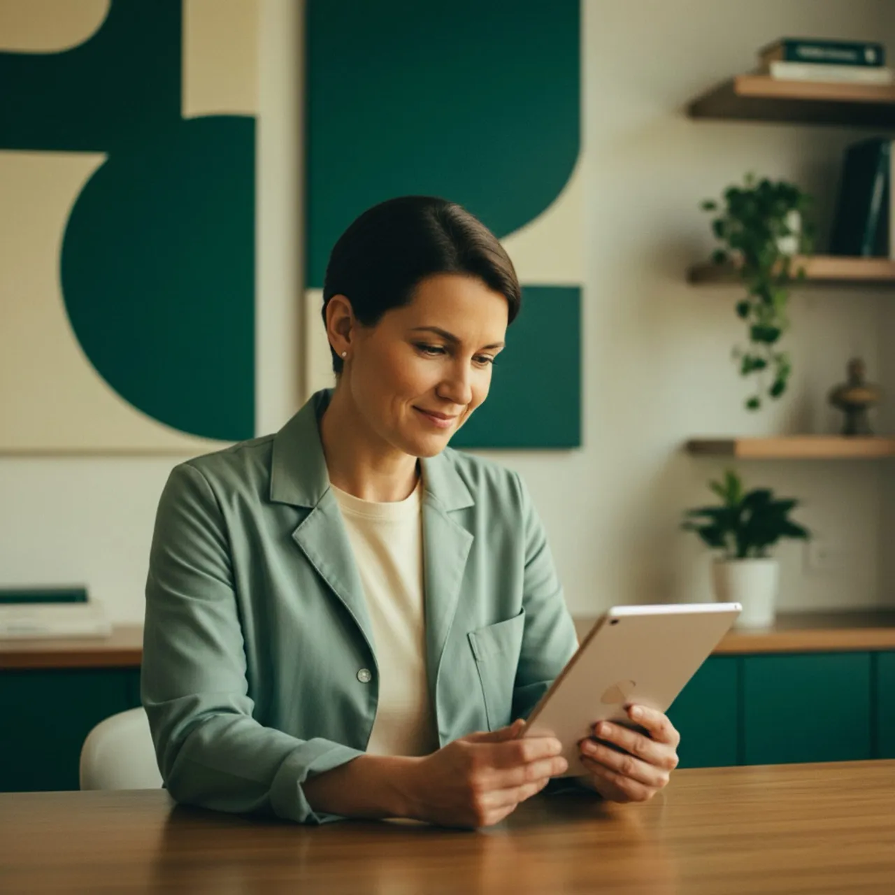 Clinician reviewing patient-reported outcomes on a tablet at a clinical workstation