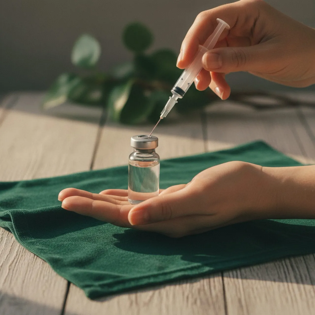 Hand holding a vial and insulin syringe over a forest-green cloth