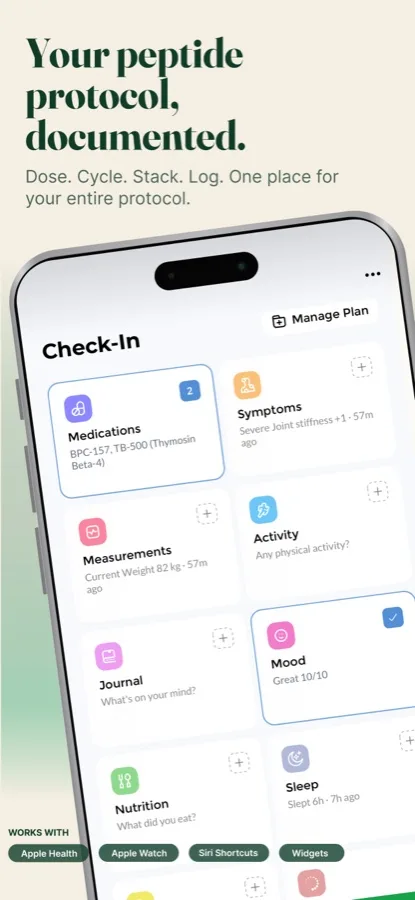Pepture home screen with active peptide stack and today's dose timeline